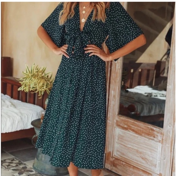 Hello Molly Dark Green Polka Dot Midi Dress | 4 - Picture 1 of 5
